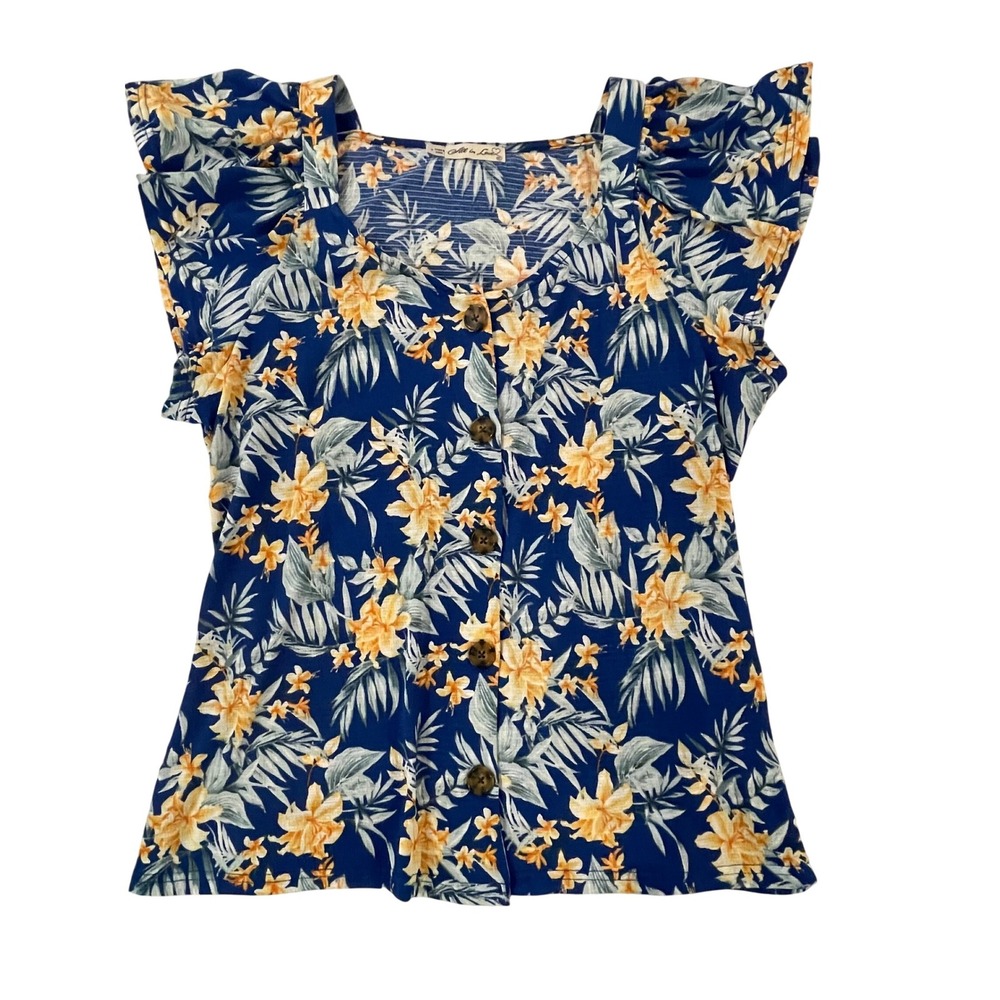 00119 - All in Love Women M Blue Floral Button Blouse Ruffle Sleeves Cottagecore - Picture 2 of 9